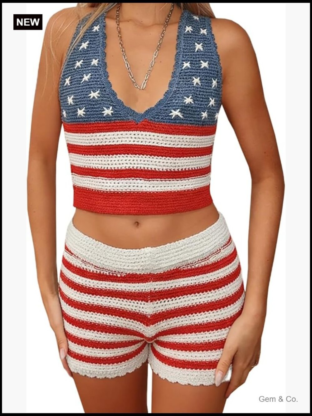 Women's Patriotic Knit 2-Piece Set - Halter Tank & Shorts
